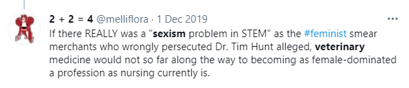 the Twitter screenshot reads: 2+2 = 4 @melliflora 1 Dec 2019 If there REALLY was a ‘sexism problem in STEM’ as the #feminist smear merchants who wrong persecuted Dr. Tim Hunt alleged, veterinary medicine would not so far along the way to becoming female-dominated a profession as nursing currently is.